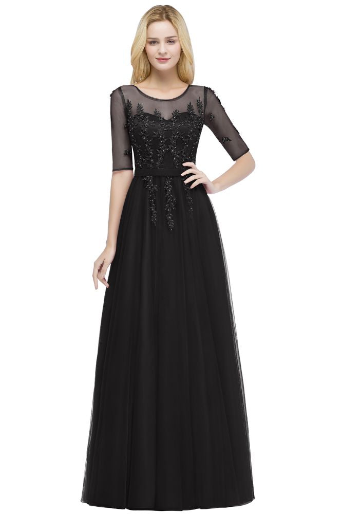 Vestido de dama de honor de tul con apliques, corte A, largo hasta el suelo, vestido de noche de media manga