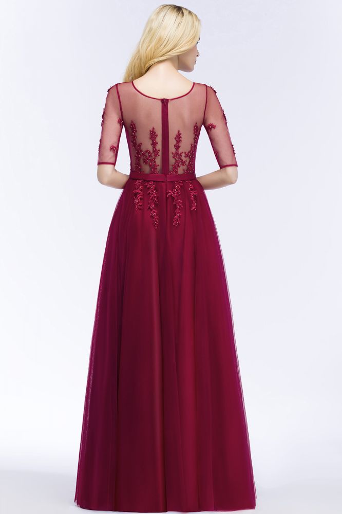 Vestido de dama de honor de tul con apliques, corte A, largo hasta el suelo, vestido de noche de media manga