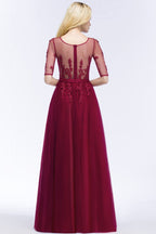 Vestido de dama de honor de tul con apliques, corte A, largo hasta el suelo, vestido de noche de media manga