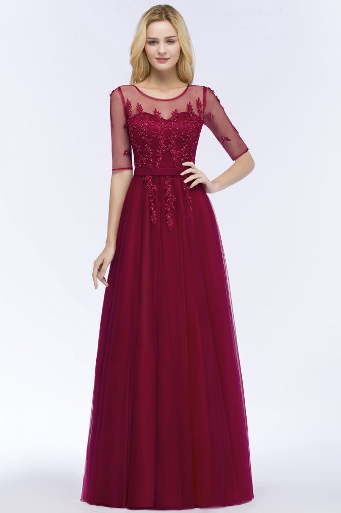 Vestido de dama de honor de tul con apliques, corte A, largo hasta el suelo, vestido de noche de media manga
