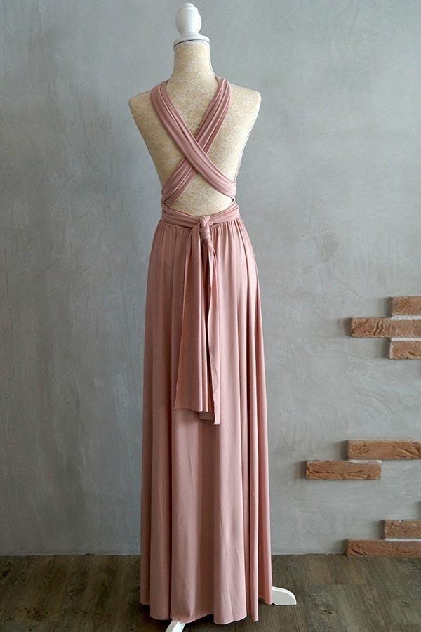 Vestido de dama de honor de licra color rubor, corte A, largo hasta el suelo, con tirantes cruzados, BD043