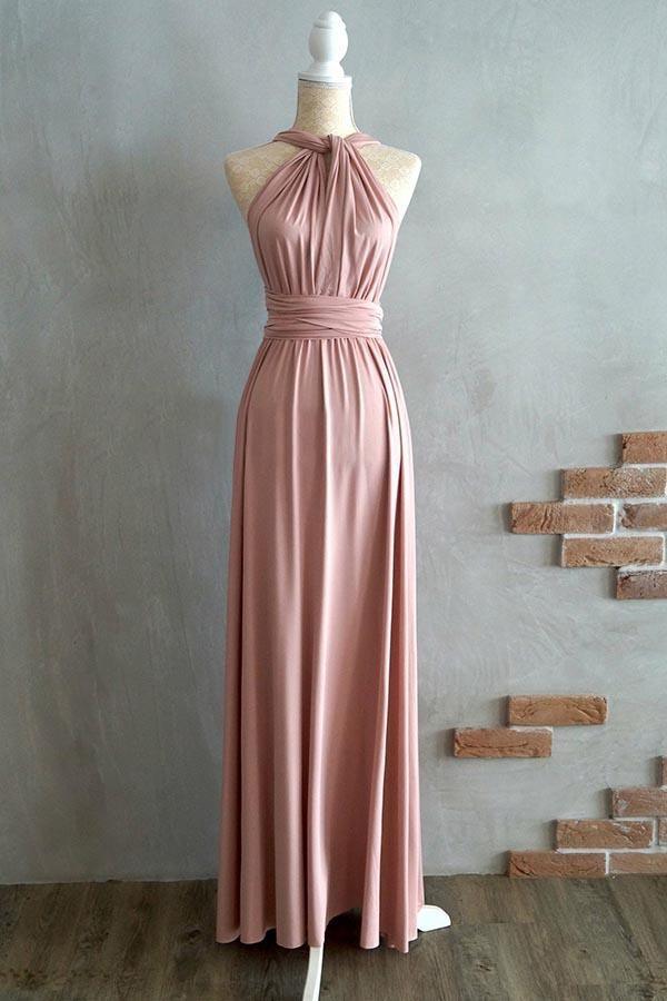 Vestido de dama de honor de licra color rubor, corte A, largo hasta el suelo, con tirantes cruzados, BD043