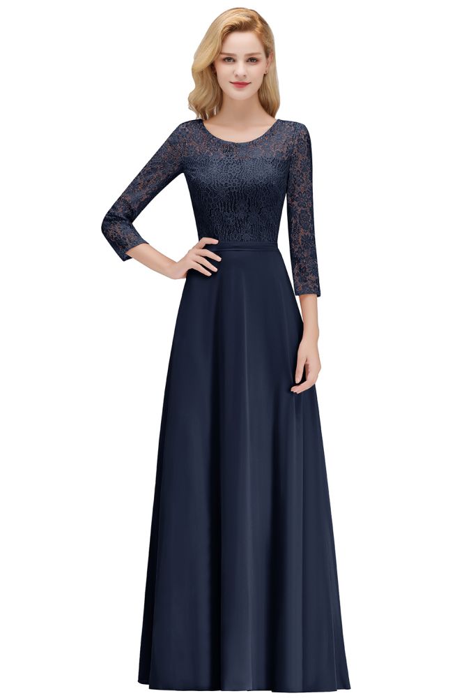Vestidos de dama de honor de gasa con encaje, corte A y longitud hasta el suelo, con mangas