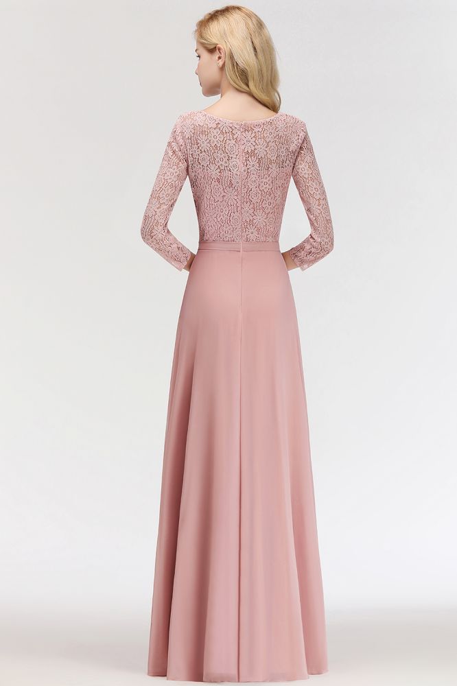 Vestidos de dama de honor de gasa con encaje, corte A y longitud hasta el suelo, con mangas