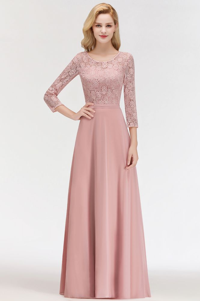 Vestidos de dama de honor de gasa con encaje, corte A y longitud hasta el suelo, con mangas