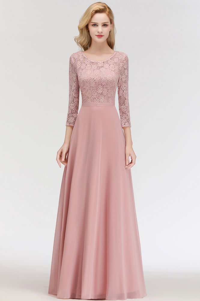 Vestidos de dama de honor de gasa con encaje, corte A y longitud hasta el suelo, con mangas