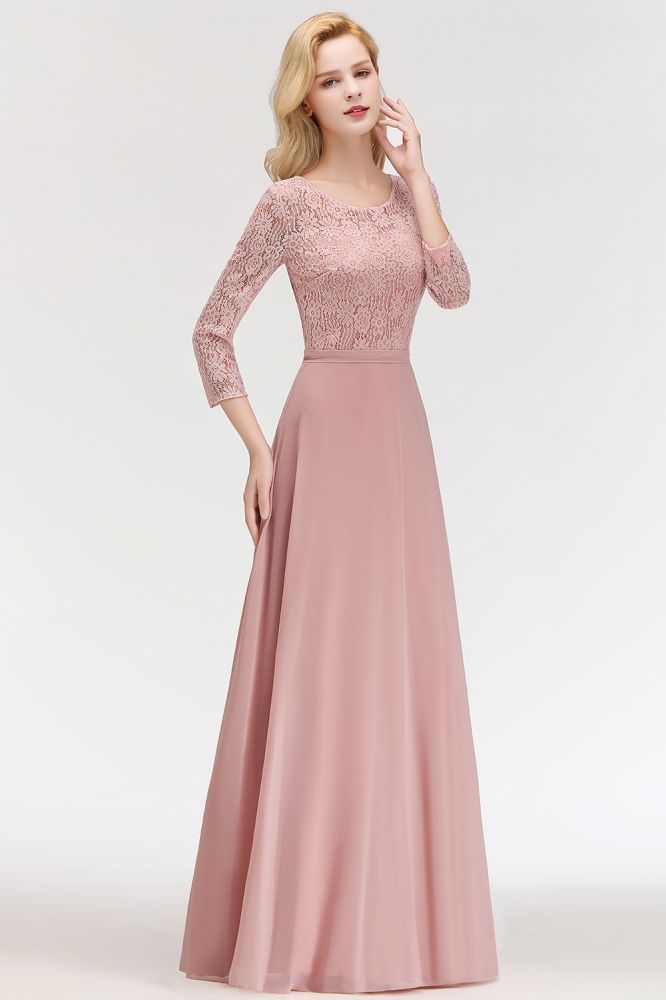 Vestidos de dama de honor de gasa con encaje, corte A y longitud hasta el suelo, con mangas