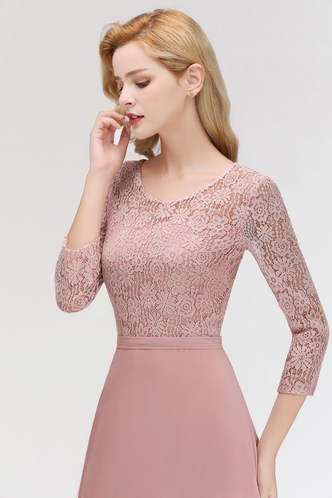 Vestidos de dama de honor de gasa con encaje, corte A y longitud hasta el suelo, con mangas