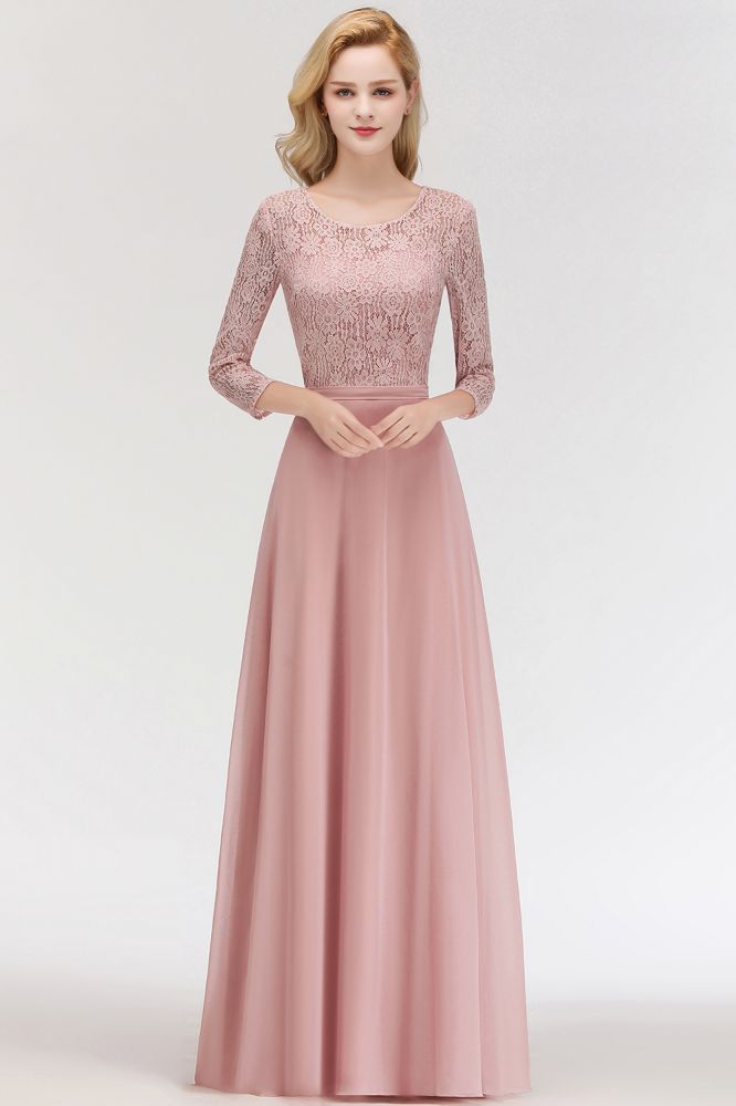 Vestidos de dama de honor de gasa con encaje, corte A y longitud hasta el suelo, con mangas