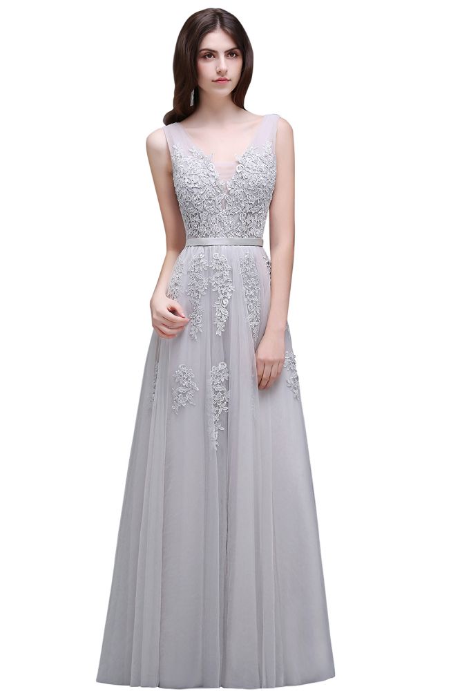 Vestido de dama de honor de tul con apliques, corte A y largo hasta el suelo