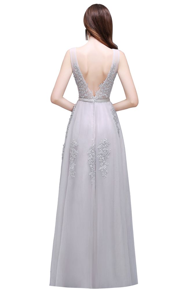 Vestido de dama de honor de tul con apliques, corte A y largo hasta el suelo