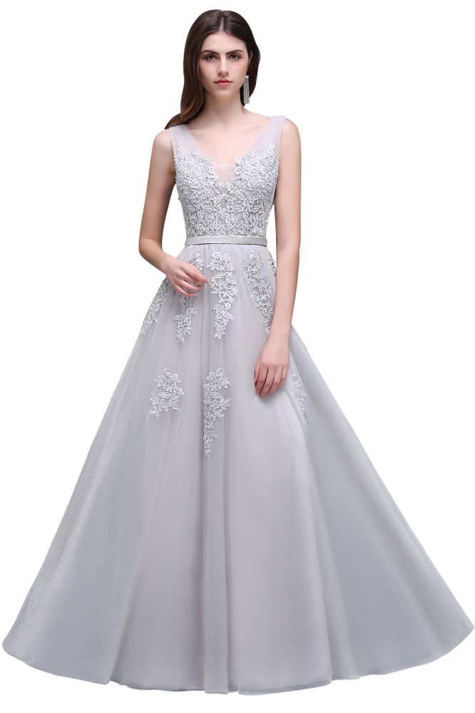 Vestido de dama de honor de tul con apliques, corte A y largo hasta el suelo