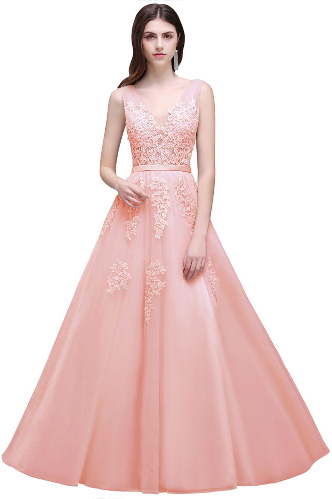 Vestido de dama de honor de tul con apliques, corte A y largo hasta el suelo