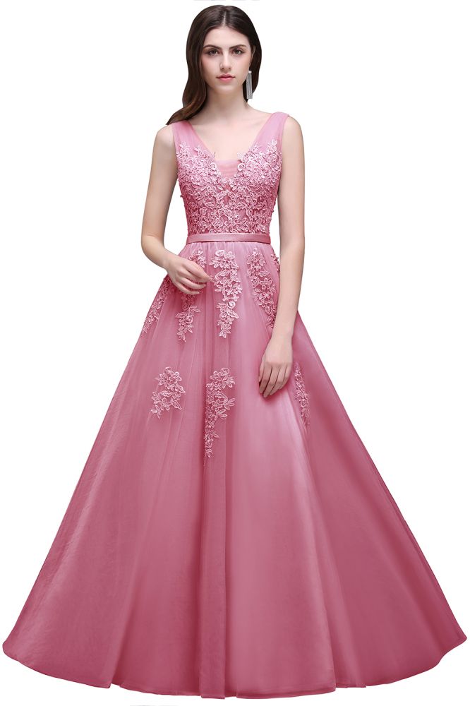 Vestido de dama de honor de tul con apliques, corte A y largo hasta el suelo