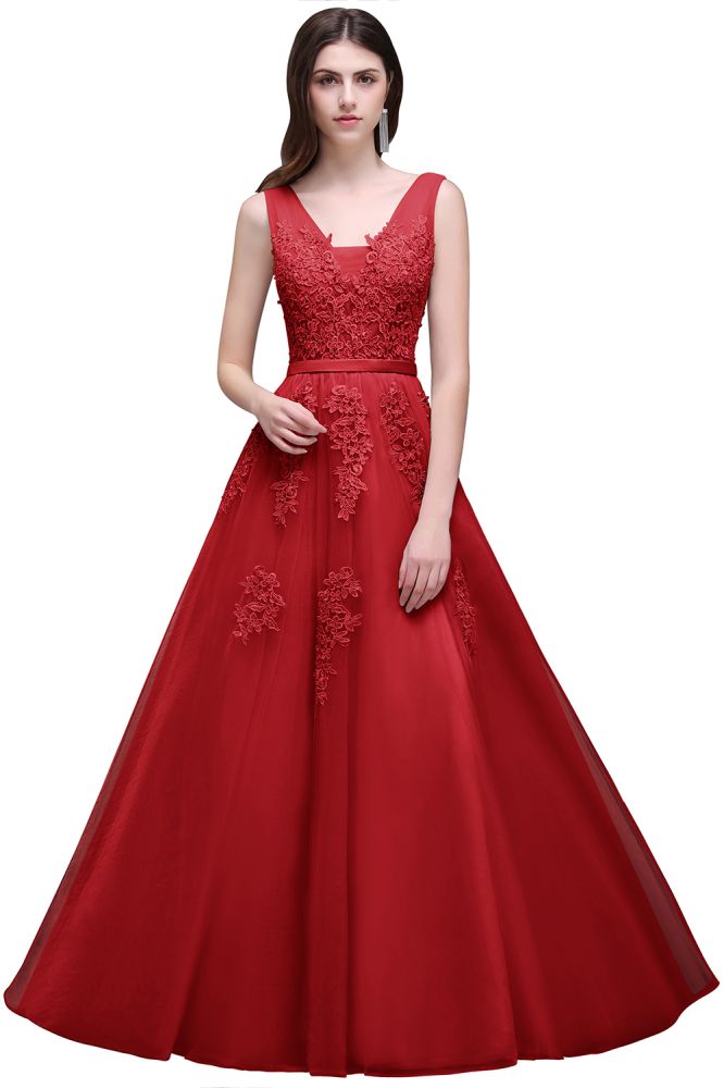 Vestido de dama de honor de tul con apliques, corte A y largo hasta el suelo