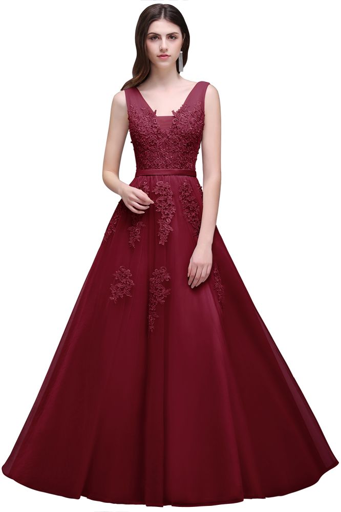 Vestido de dama de honor de tul con apliques, corte A y largo hasta el suelo