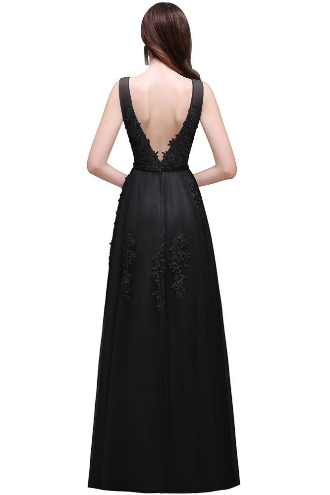 Vestido de dama de honor de tul con apliques, corte A y largo hasta el suelo