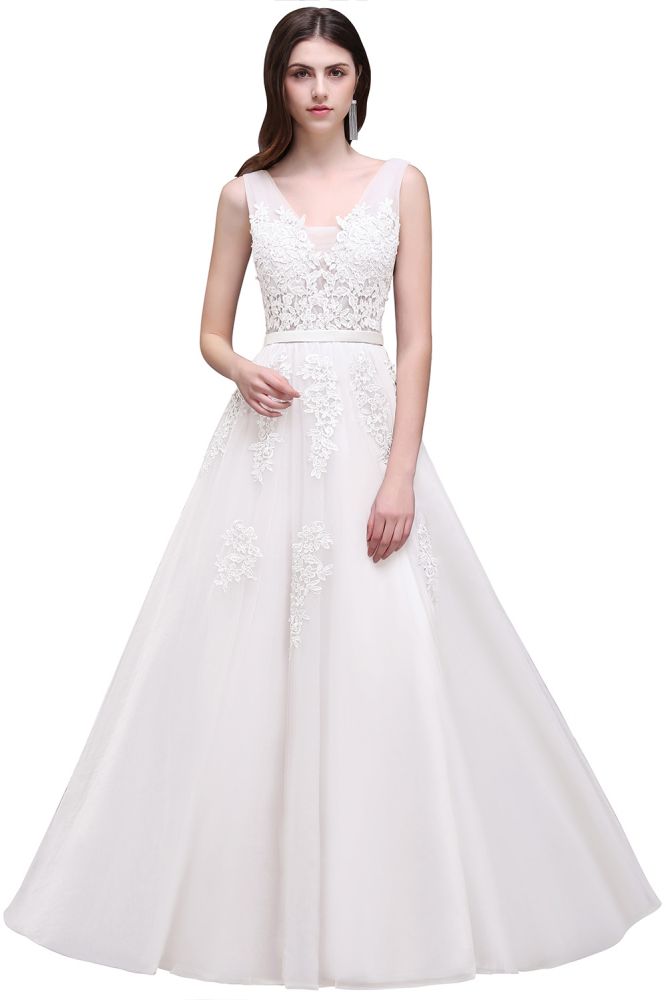 Vestido de dama de honor de tul con apliques, corte A y largo hasta el suelo