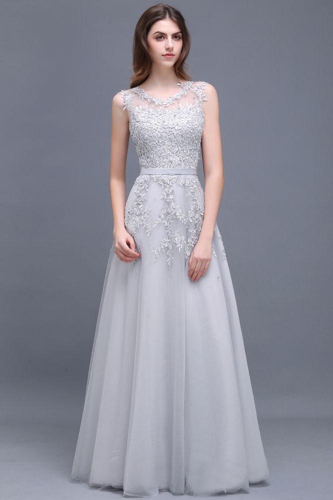 Vestido de fiesta de tul con apliques, corte A y largo hasta el suelo