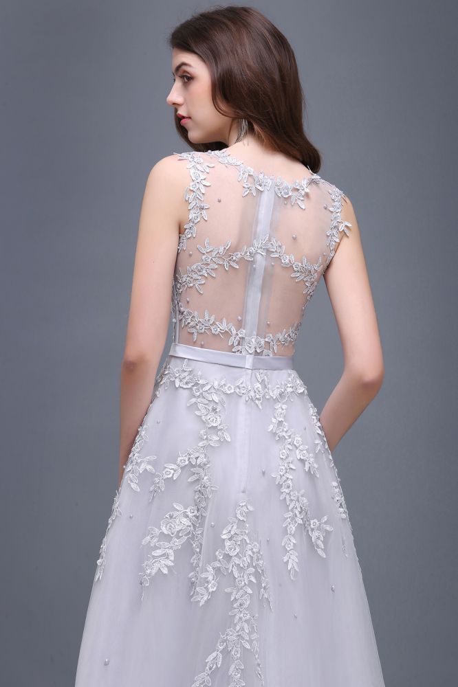 Vestido de fiesta de tul con apliques, corte A y largo hasta el suelo