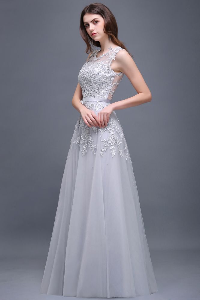 Vestido de fiesta de tul con apliques, corte A y largo hasta el suelo