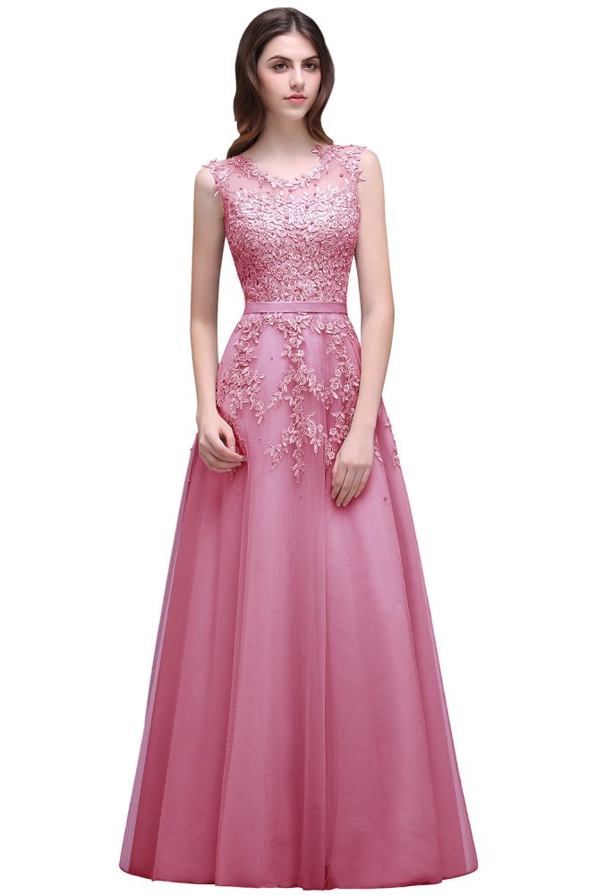 Vestido de fiesta de tul con apliques, corte A y largo hasta el suelo