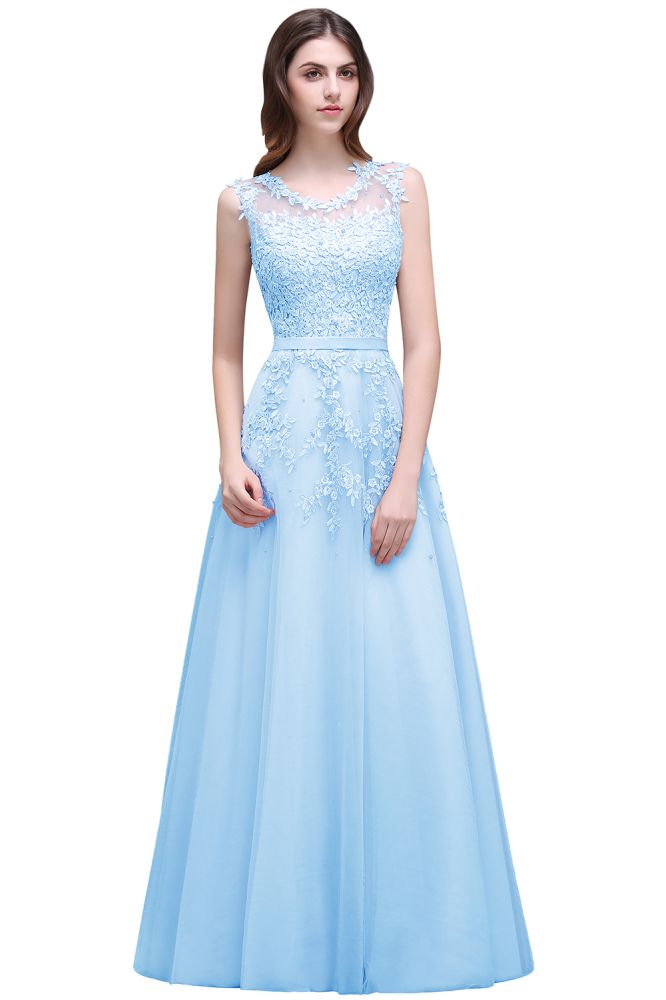 Vestido de fiesta de tul con apliques, corte A y largo hasta el suelo