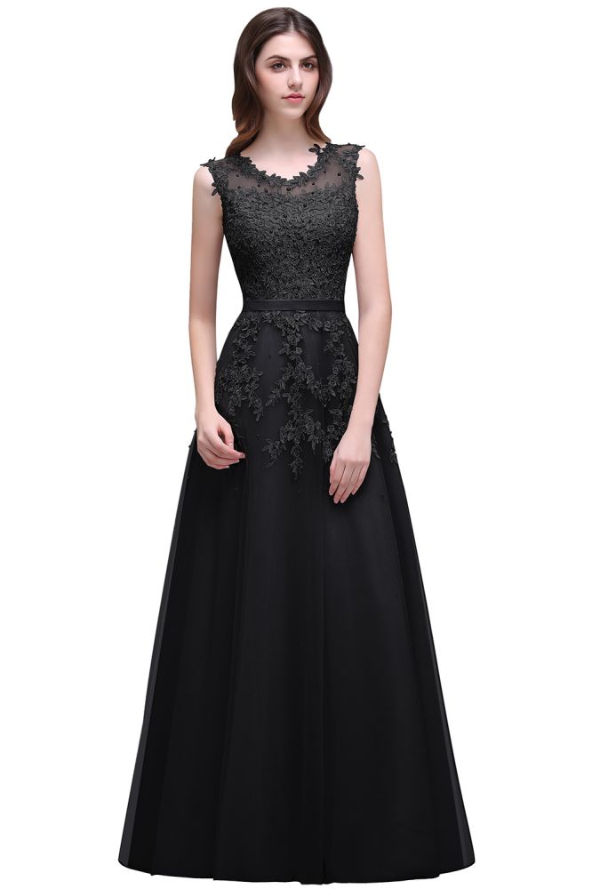 Vestido de fiesta de tul con apliques, corte A y largo hasta el suelo