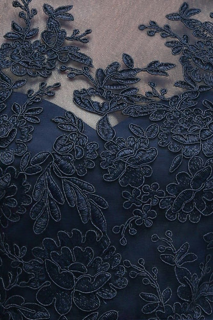 A-line Half Sleeves Floor Length Slit Appliqued Tulle Prom Dresses with Sash