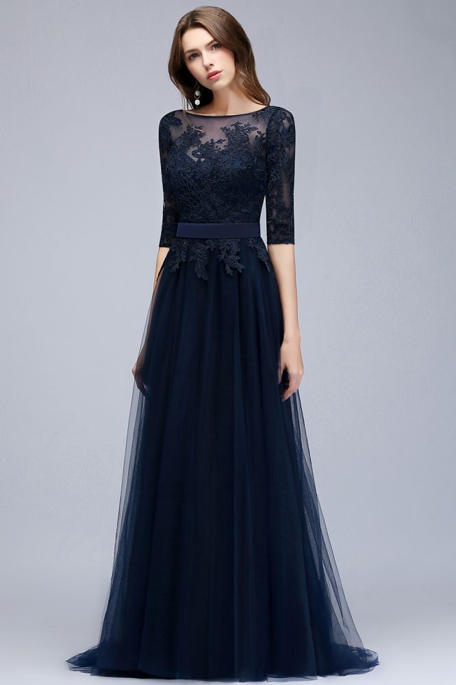 A-line Half Sleeves Floor Length Slit Appliqued Tulle Prom Dresses with Sash
