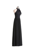 Vestido de dama de honor de gasa negra con escote halter, corte A y pliegues, largo hasta el suelo, BD019