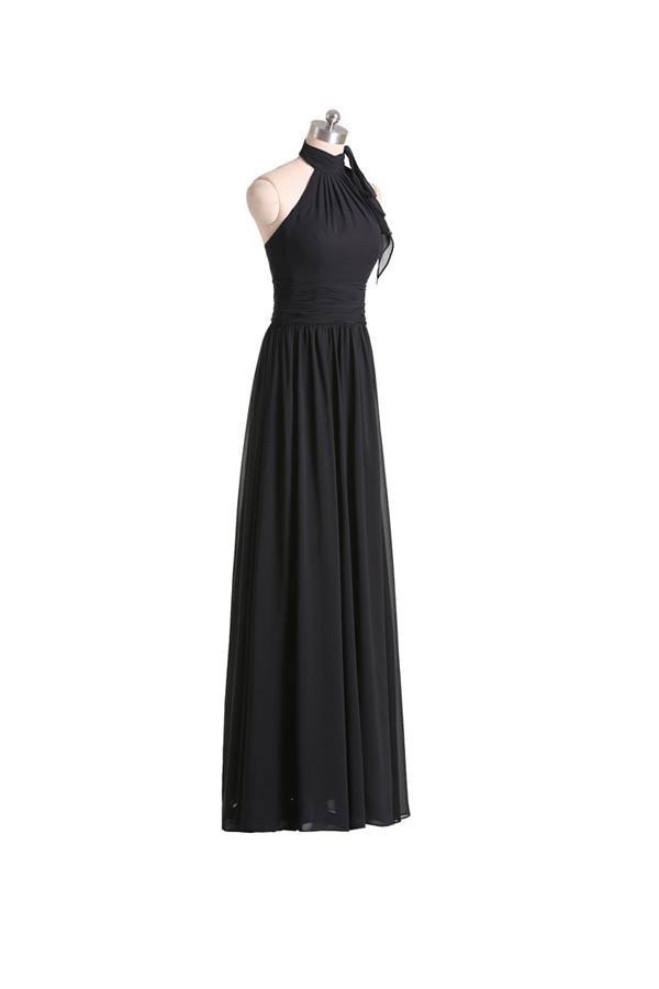 Vestido de dama de honor de gasa negra con escote halter, corte A y pliegues, largo hasta el suelo, BD019