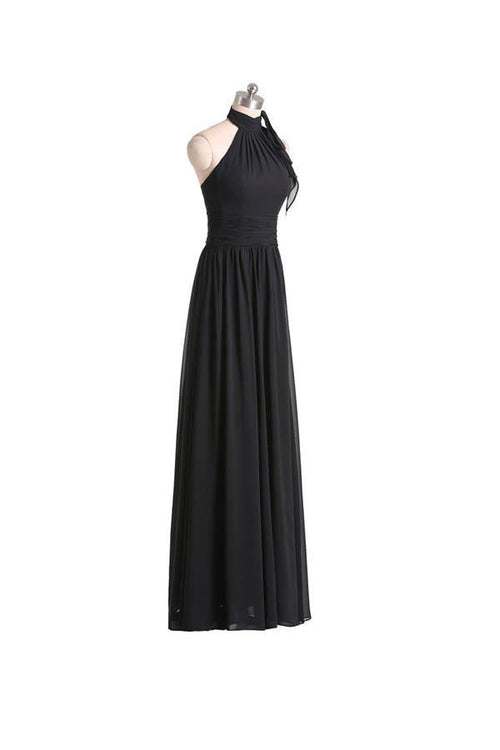 A-Linie Neckholder Bodenlang Chiffon Schwarz Brautjungfernkleid mit Falten BD019