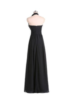 Vestido de dama de honor de gasa negra con escote halter, corte A y pliegues, largo hasta el suelo, BD019