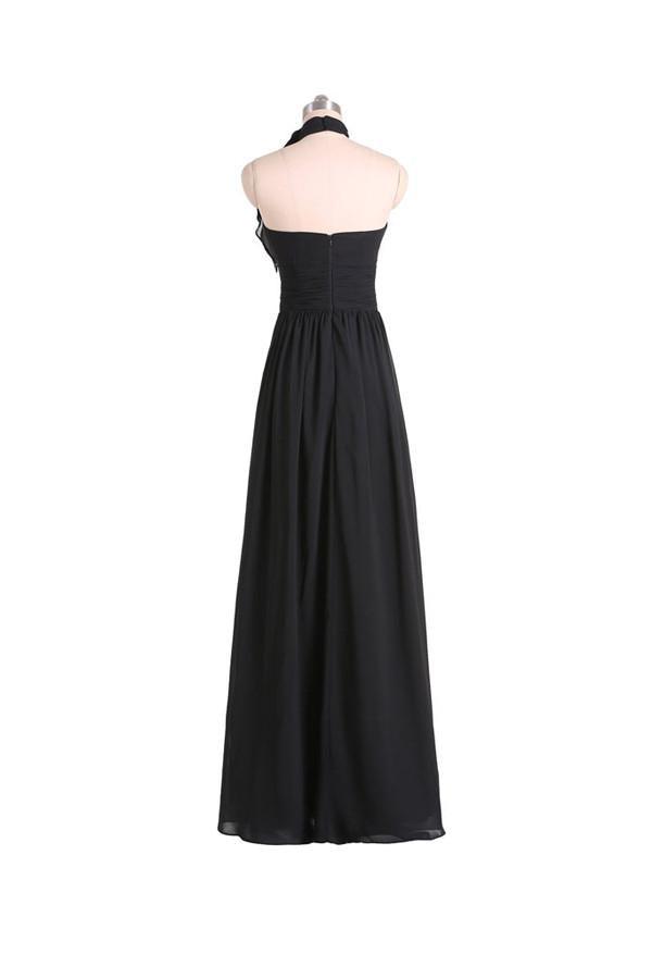 Vestido de dama de honor de gasa negra con escote halter, corte A y pliegues, largo hasta el suelo, BD019
