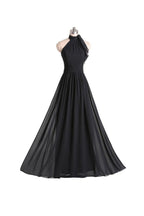 Vestido de dama de honor de gasa negra con escote halter, corte A y pliegues, largo hasta el suelo, BD019