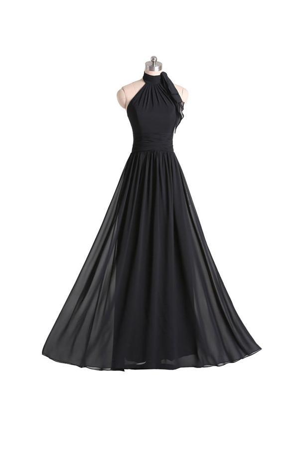 Vestido de dama de honor de gasa negra con escote halter, corte A y pliegues, largo hasta el suelo, BD019