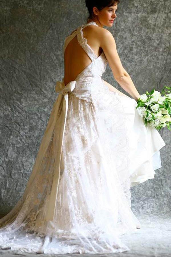 Vestido de novia de encaje con lazo, escote halter, espalda descubierta y corte en A, con cola de corte WD405