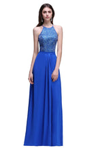 Vestidos de fiesta de gasa azul rey con cuello halter y lentejuelas, corte A