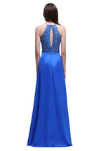 Vestidos de fiesta de gasa azul rey con cuello halter y lentejuelas, corte A