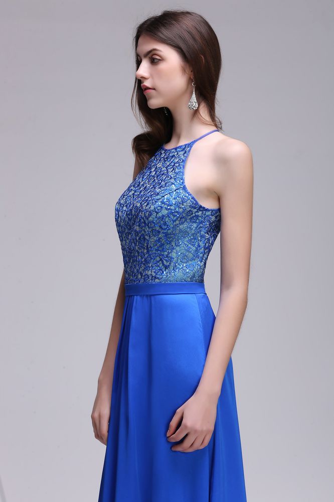 Vestidos de fiesta de gasa azul rey con cuello halter y lentejuelas, corte A