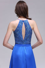 Vestidos de fiesta de gasa azul rey con cuello halter y lentejuelas, corte A