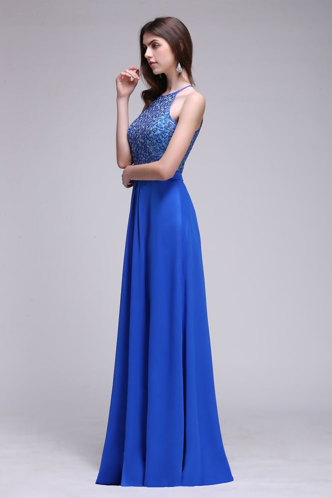 Vestidos de fiesta de gasa azul rey con cuello halter y lentejuelas, corte A