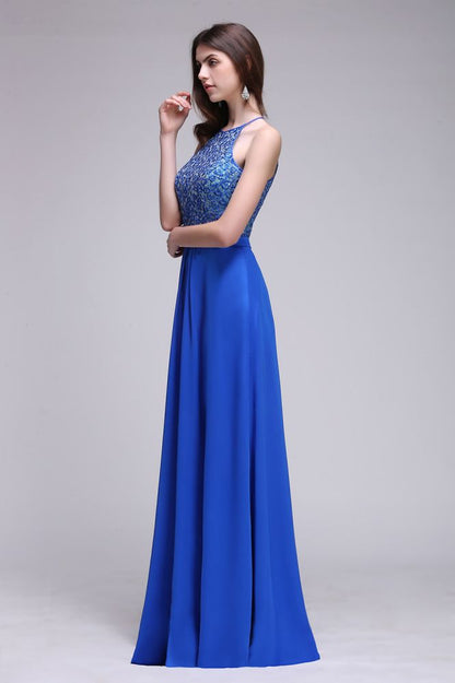A-line Halter Neck Chiffon Royal Blue Prom Dresses with Sequins