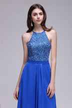 Vestidos de fiesta de gasa azul rey con cuello halter y lentejuelas, corte A