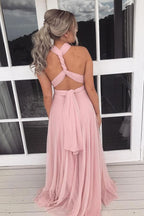 Vestido largo de dama de honor de gasa rosa con cuello halter y corte A, talla 4, BD075
