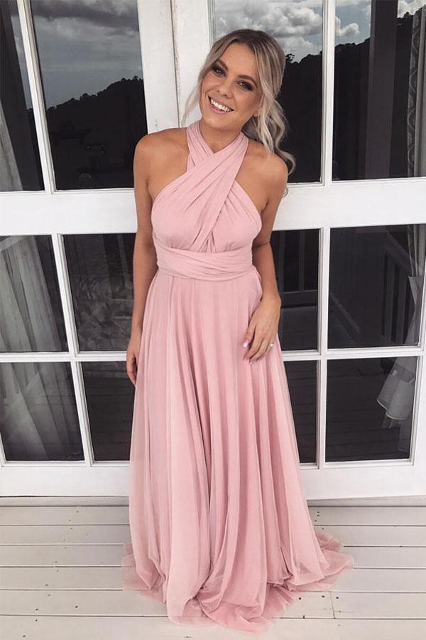 Vestido largo de dama de honor de gasa rosa con cuello halter y corte A, talla 4, BD075