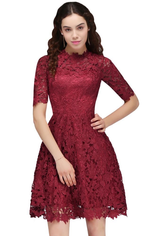 Vestidos de fiesta de bienvenida burdeos con encaje, corte A y cuello halter