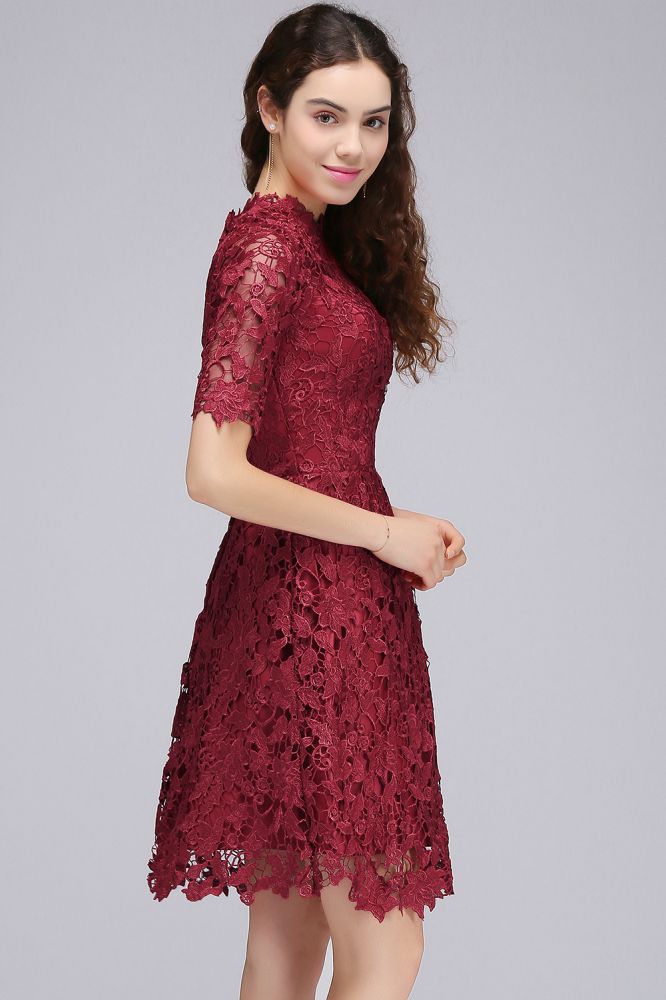 Vestidos de fiesta de bienvenida burdeos con encaje, corte A y cuello halter