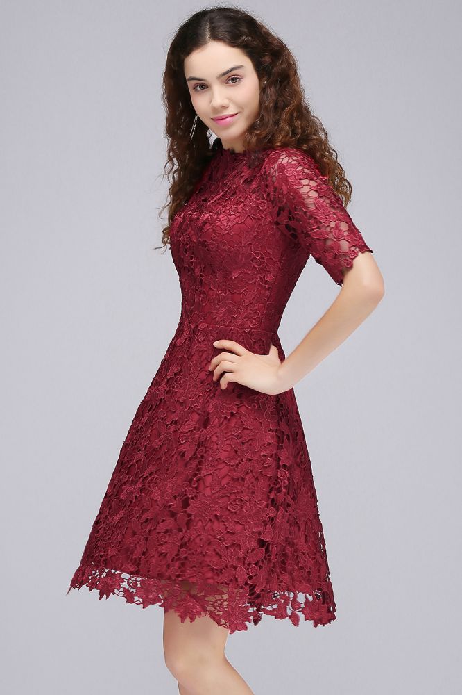 Vestidos de fiesta de bienvenida burdeos con encaje, corte A y cuello halter